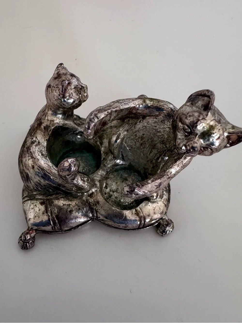 Vintage Silverplate Adorable Kitten Cat Salt Pepper Shaker Candle Holder Heavy